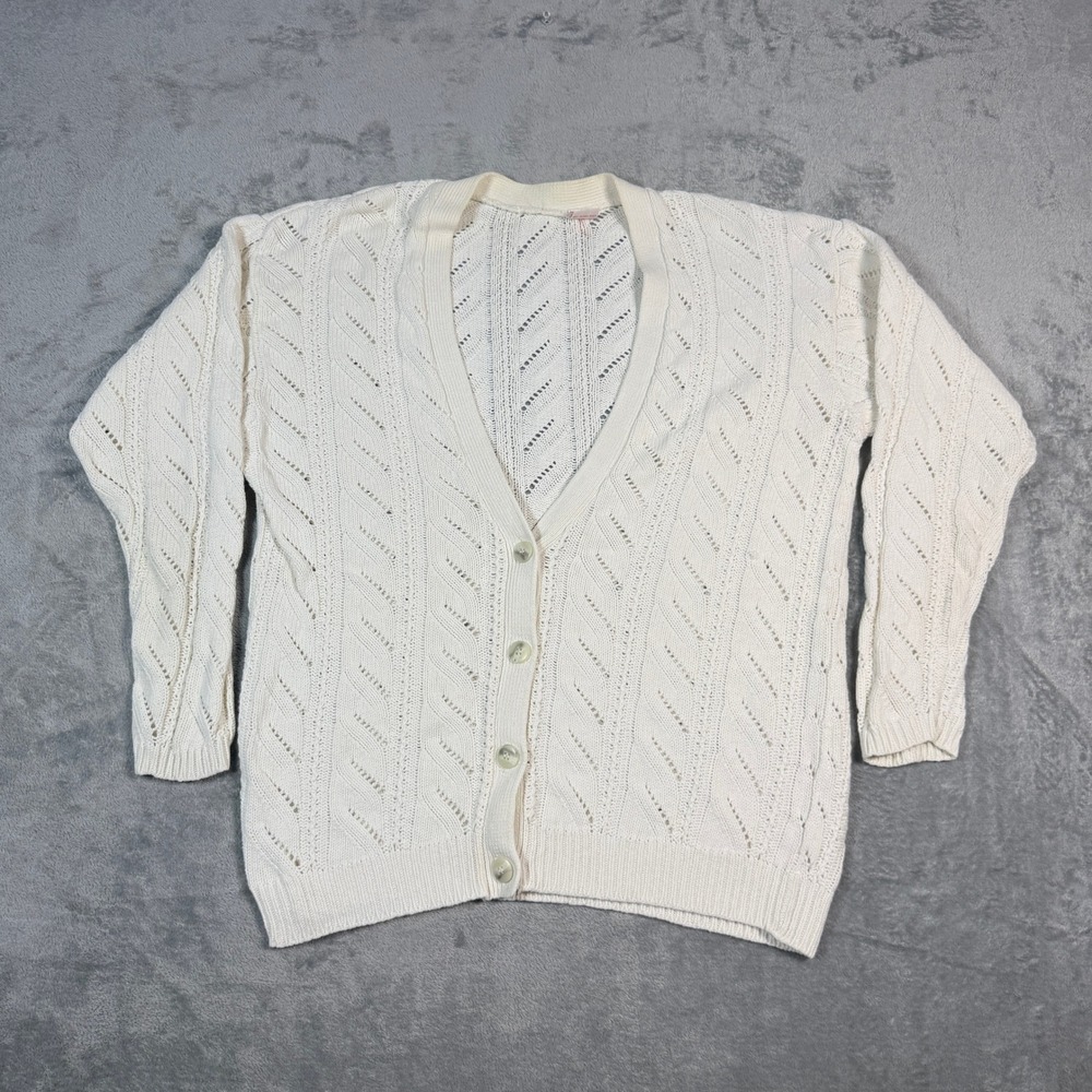 Vintage Womens XS Cream Linen Cotton Pointelle Knit V-Neck Cardigan Sweater